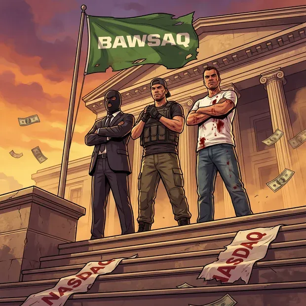 The BAWSAQ crew standing over a torn NASDAQ sign under a BAWSAQ flag.