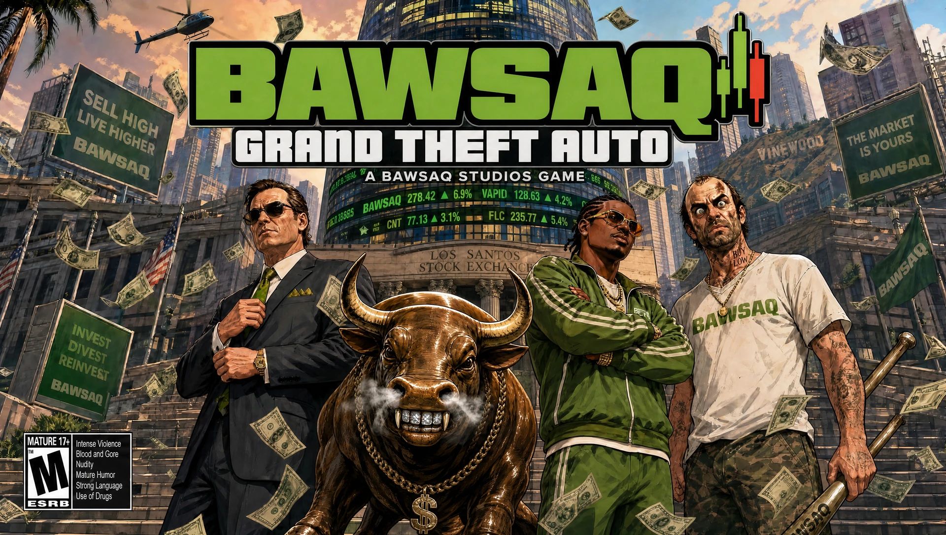 BAWSAQ Grand Theft Auto cover art: a broker, a gold bull and two crew members on the steps of the Los Santos Stock Exchange