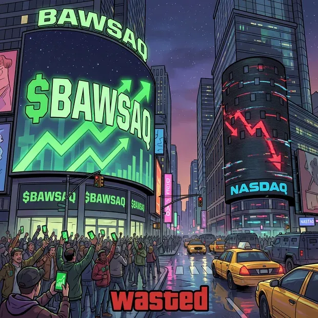 $BAWSAQ billboards over a Times Square crowd, stamped WASTED.